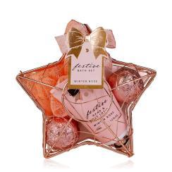 Set da bagno FESTIVE in cestino metallico a forma di stella, inclusa lozione per mani e corpo da 50 ml, 2 fizzer da bagno da 40